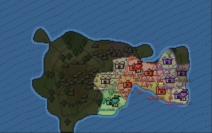 The same continent under fog of war: only the provinces this realm has scouted are visible, the rest is unlit.