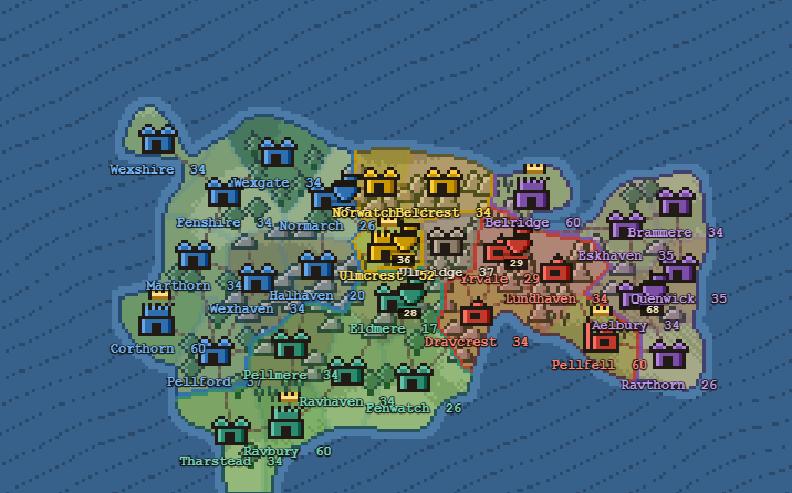 A continent divided between five realms, each province named, with armies and their strengths in the field.